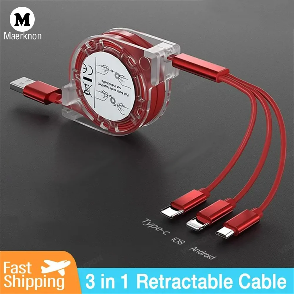 

3A Charging Crystal Retractable Data Cord 3 in 1 USB Fast Charging Cable Mobile Phone For iPhone 16/15 Xiaomi 15 Huawei Samsung