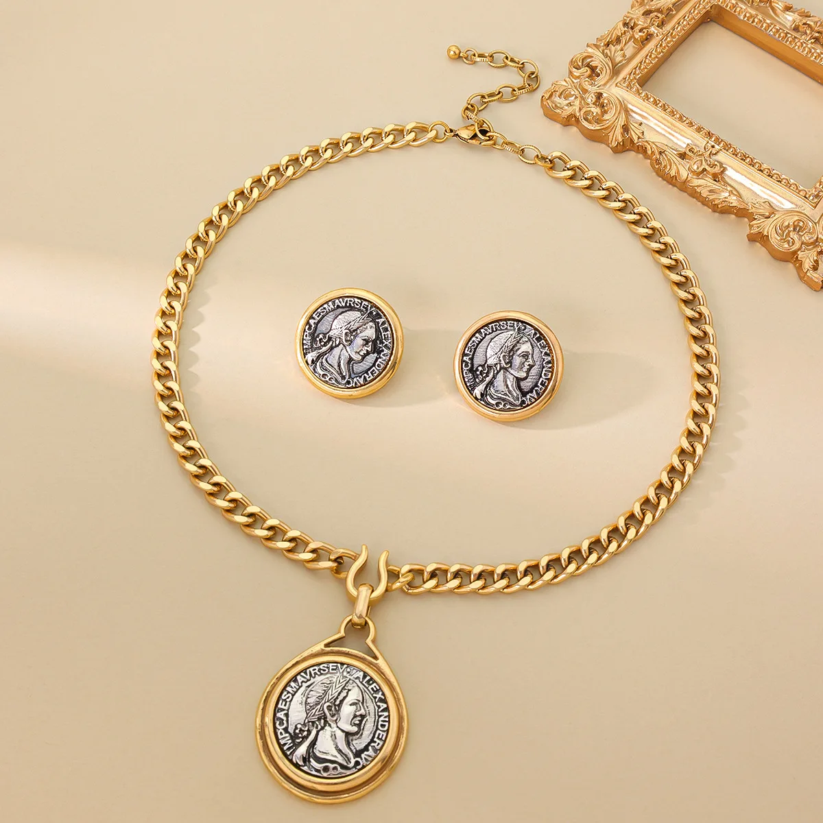 

Manifest Like A Goddess: Vintage Coin Necklace & Studs Set | Program Your Crystal (Included) for Love, Wealth, or Protection.