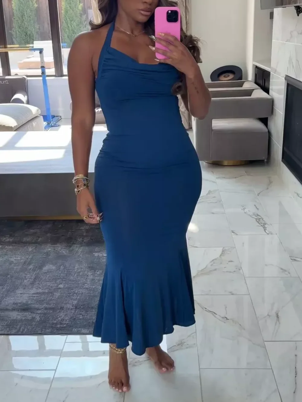 Elegant Blue Off-Shoulder Slim Evening Dress Long Hanging Collar Fashionable Sexy Women's Long Dress for Special Occasions