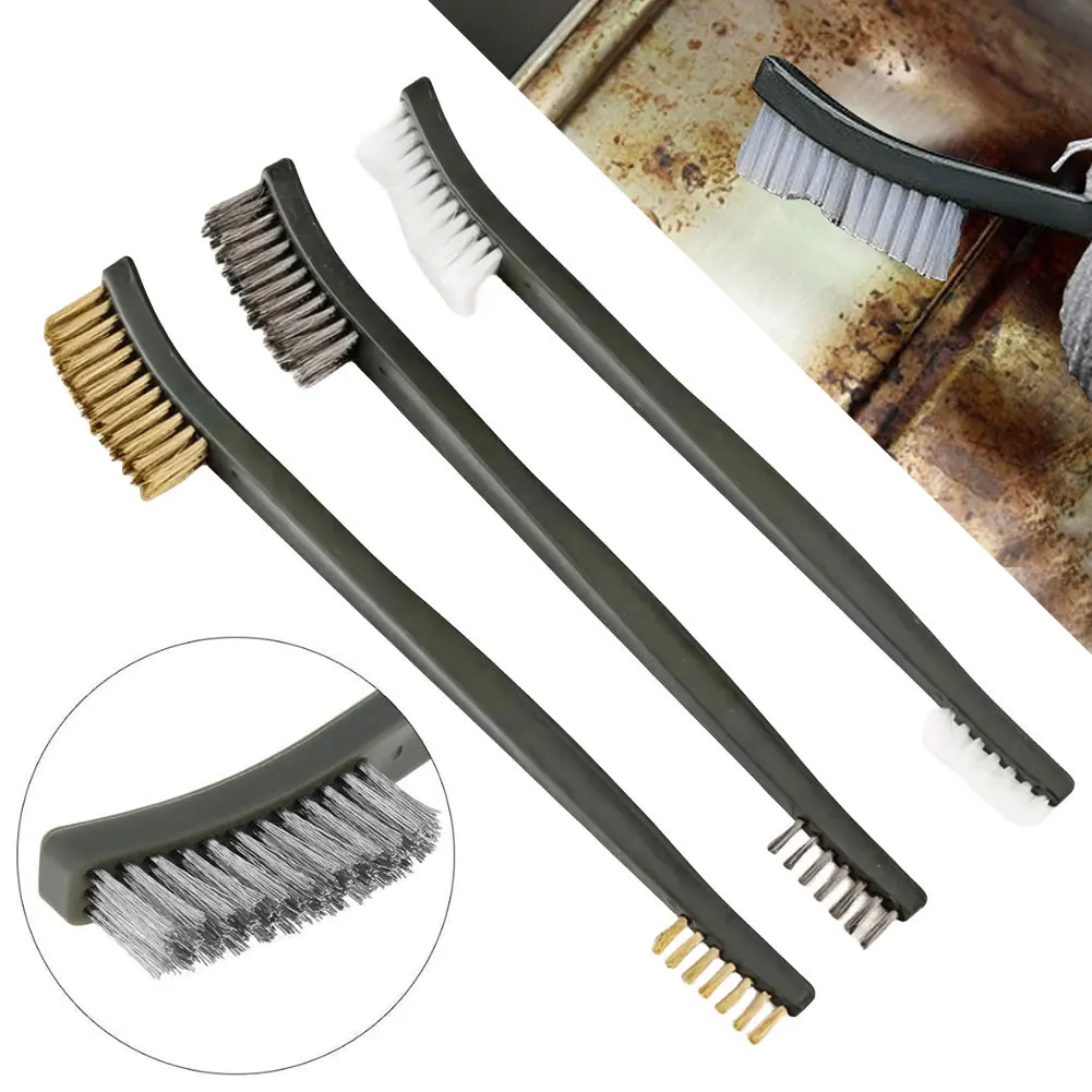 3 PCS Double-end Steel Wire Brush Set Brass/Stainless Steel/Nylon Wire Brushes Tactical Rifle Gun Cleaning Tool for Rust Removal