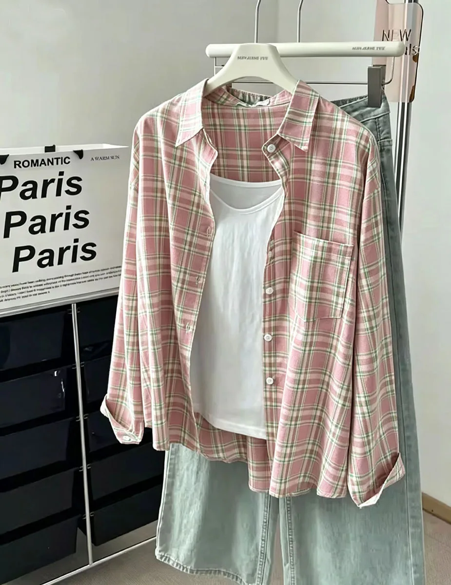 Pink Plaid Shirts Women Spring Autumn Long Sleeve Casual Tops Fashion Korean Loose Clothes Ladies All Match Design Sense Shirt