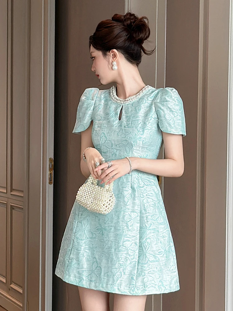 Frauen Vintage Süße Mini Kleid Weibliche Nette Perle Trim Hohl Ausschnitt Taschen Elegante Kurze Kleid Dame Party Club Formale Vestidos