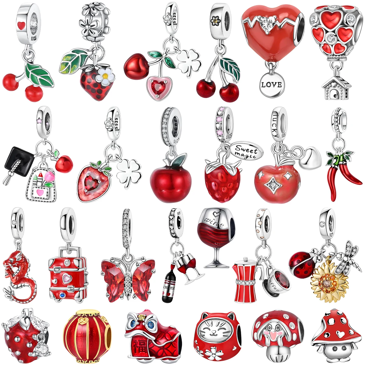 

Оригинальные подвески из серебра 925 пробы, красная серия: гриб, сердце, яблоко, кофейная чашка. Бусины-шармы для браслетов, DIY, изысканные ювелирные украшения, подарок.