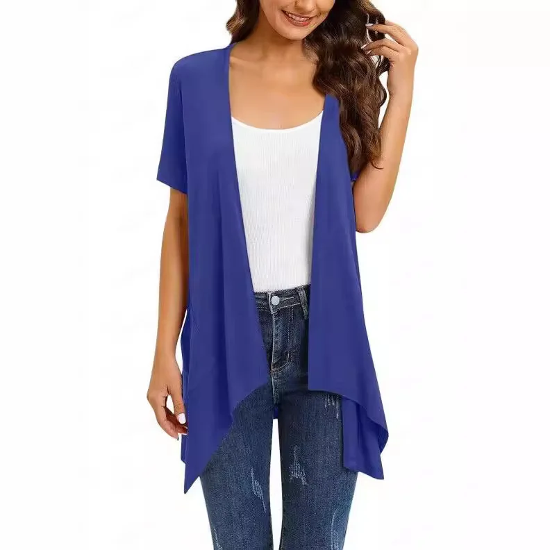 TRAF 2024 Europe and America Women Casual Short  Sleeve Solid Color Irregular Cardigan Top