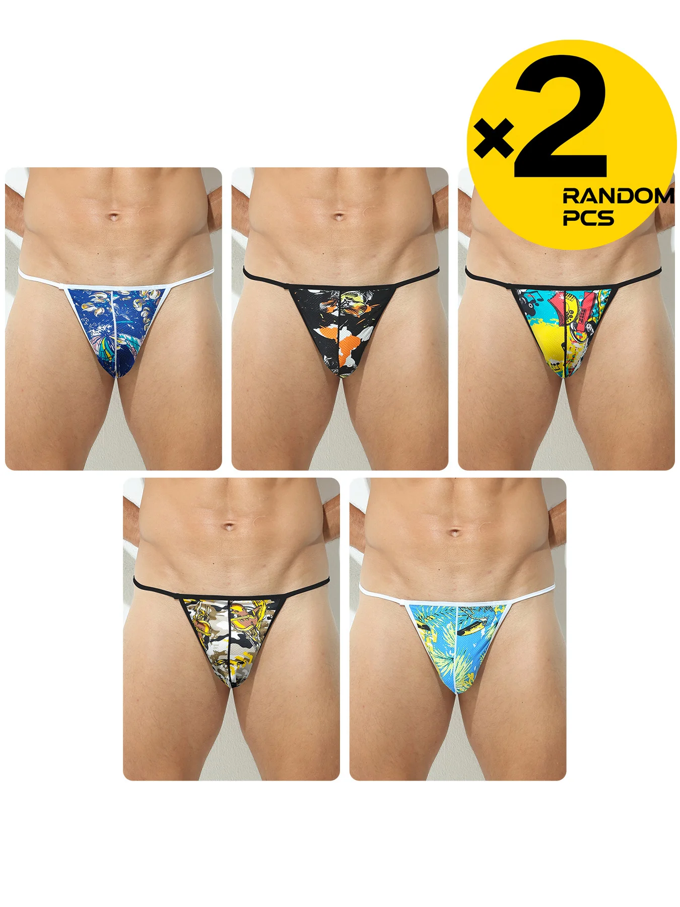 Mens Sexy Lingerie Jockstraps T-Back Thongs G-Strings Printed Tanga Hombre Underwear Ropa Interior Hombre Panties 2/3/4PCS