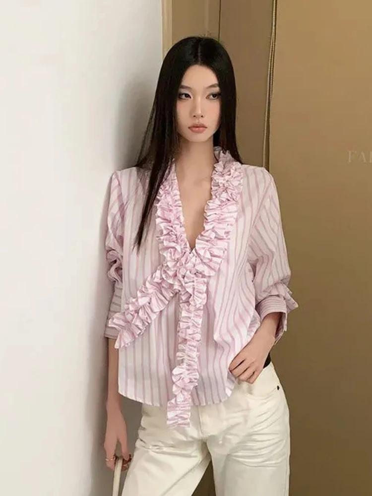

Pink Striped V Neck Blouse Women Loose Vintage Sweet Ruffles Long Sleeve Shirt French Elegant Long Sleeve Fall Female Retro Tops