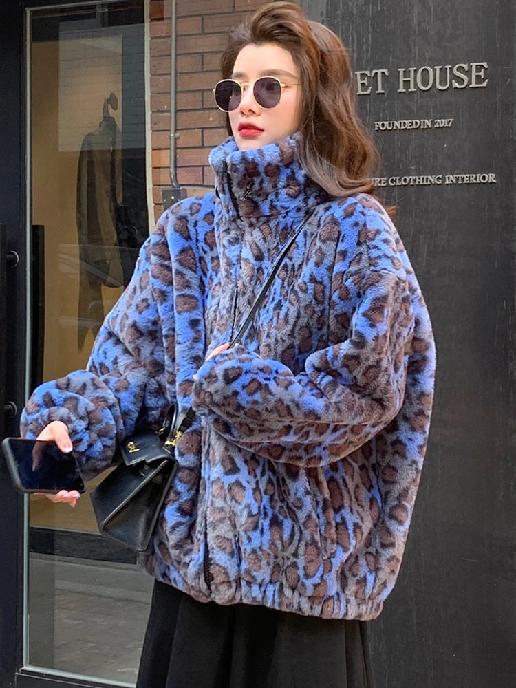 Winter Pluizige Jas Vrouwen Koreaanse Mode Blauwe Luipaard Faux Fur Jas Met Lange Mouwen Rits Warme Zachte Jas Faux Bontjas jassen