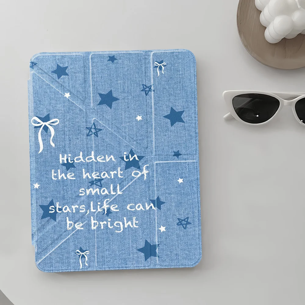 Denim Blue Stars Bows Style Y‑shape Tri‑Fold Tablet Protective Cover for Apple iPad Pro 13 11 Air 4 5 11 Mini 6 7 8.3 Inch Case