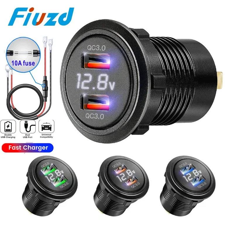 Usb a car charger socket with voltmeter usb a 3.0 car charger outlet adapter for 12V/24V Cars Boats Motorcycle