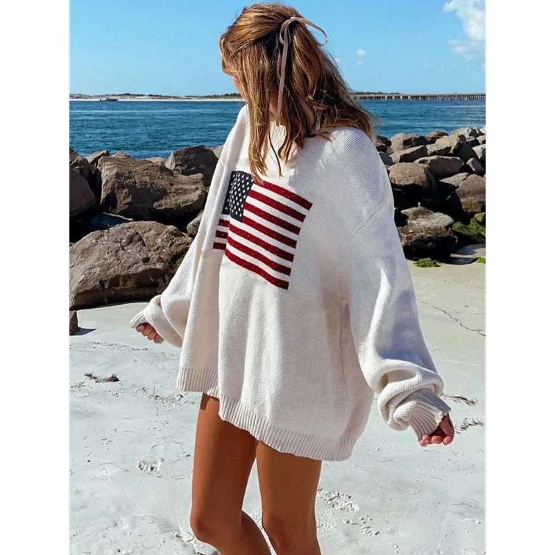 Vintage de malha com bandeira americana feminina, suéteres de manga comprida, pulôver extragrande, tops de inverno, roupas luxuosas, Y2K, estética