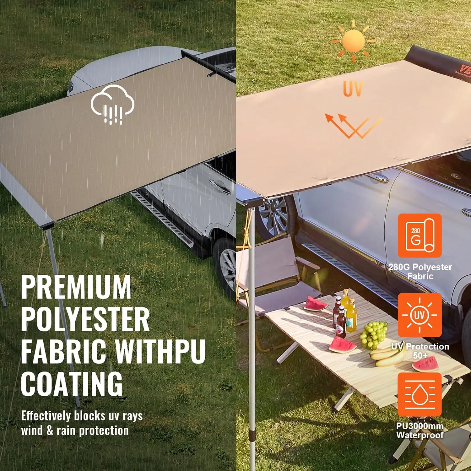 Car Side Awning, 4.6'x6.6' Vehicle Shade, UV50+ Retractable Awning, PU3000mm Waterproof, with Storage Bag, for Truck, SUV, Van,