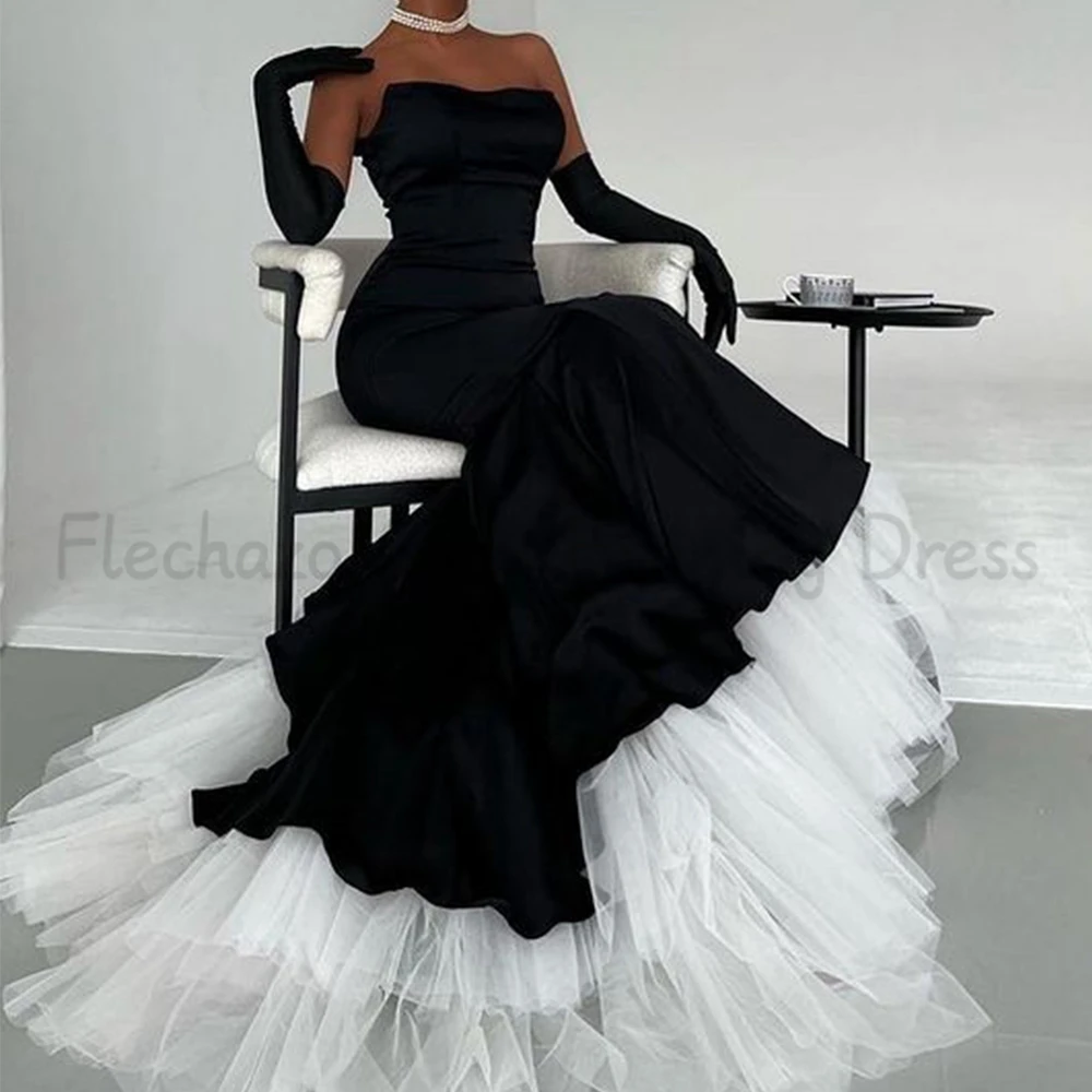 Flechazo Classic Black Mermaid Evening Dress Strapless Women Custom Made with Tulle Floor Length Party Gown for Wedding Banquet