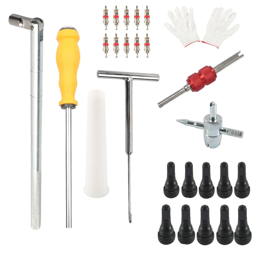 27 Piece Tire Valve For Stem Repair Tool Kit Featuring TR413 TR414 Rubber Valve For Stems and Brass Valve Cores
