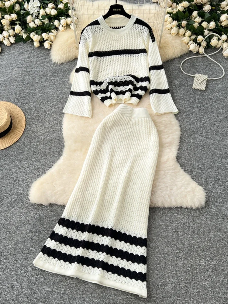 Women Casual Elegant Street Party Style Two-piece Set Winter Hollowed Out Mesh Contrasting Stripe Sweater High Waist Skirt Set