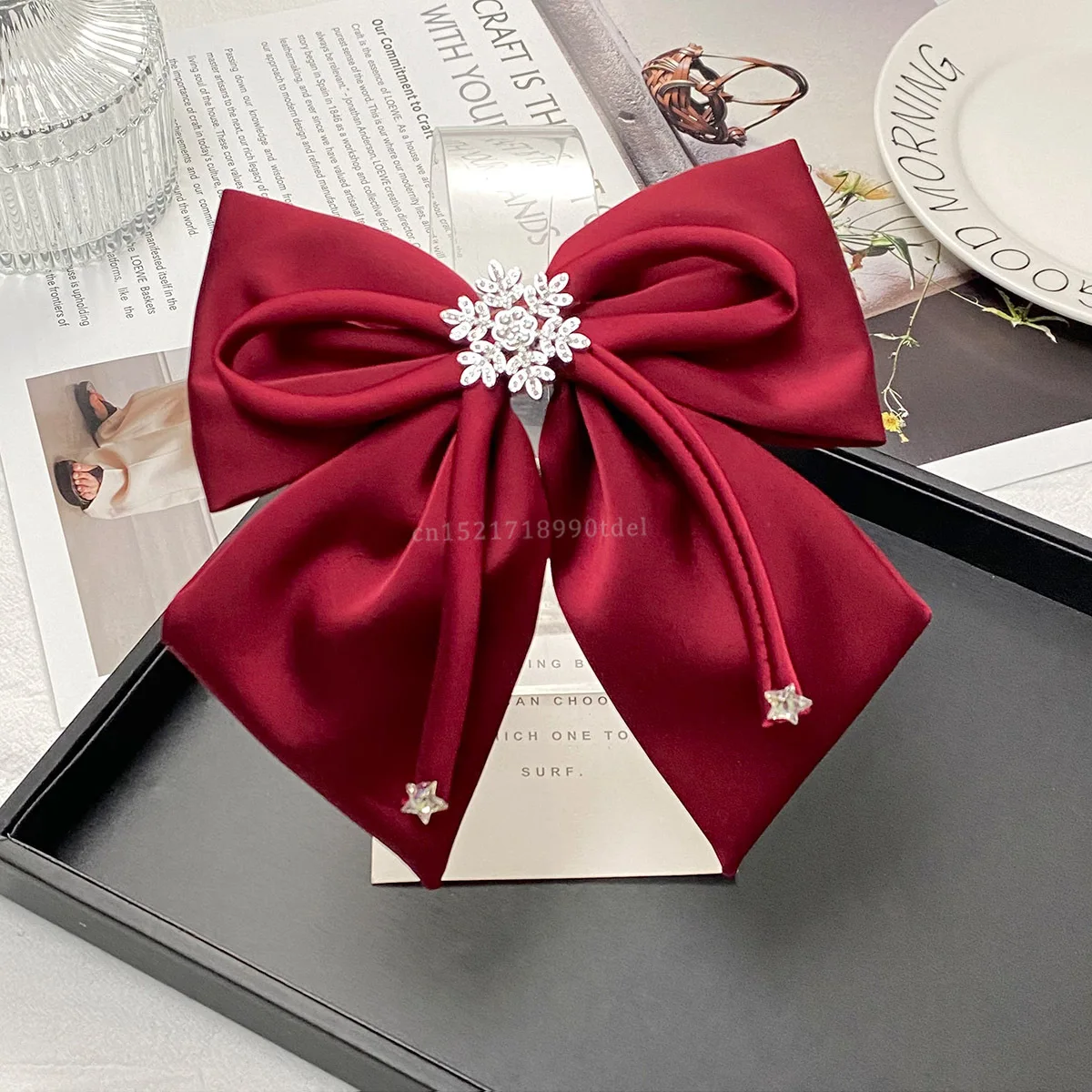 Korean Solid Color Fabric Bow Hair Clips Crystal Hair Bows Ponytail Clip Hairpin Barrettes Headwear Hair Accessories for Women