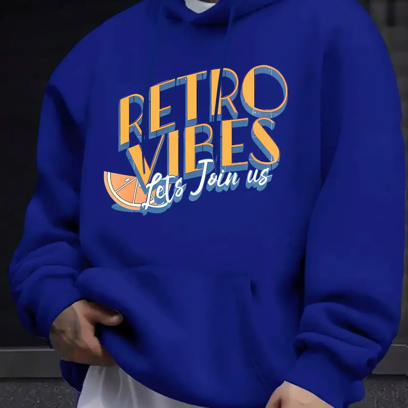 Retro Vibes Letter Orange Slice Print Hoodies Men Casual Loose Pocket Hooded Sweatshirt Streetwear Pullover