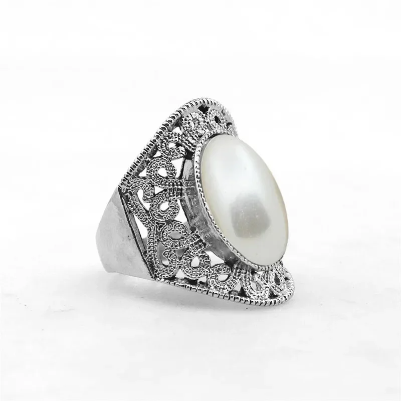 Oval Pearl Rings For Women Vintage Hollow Flower Rings Antique Silver Plated Wedding Party Rings Fashion Jewelry