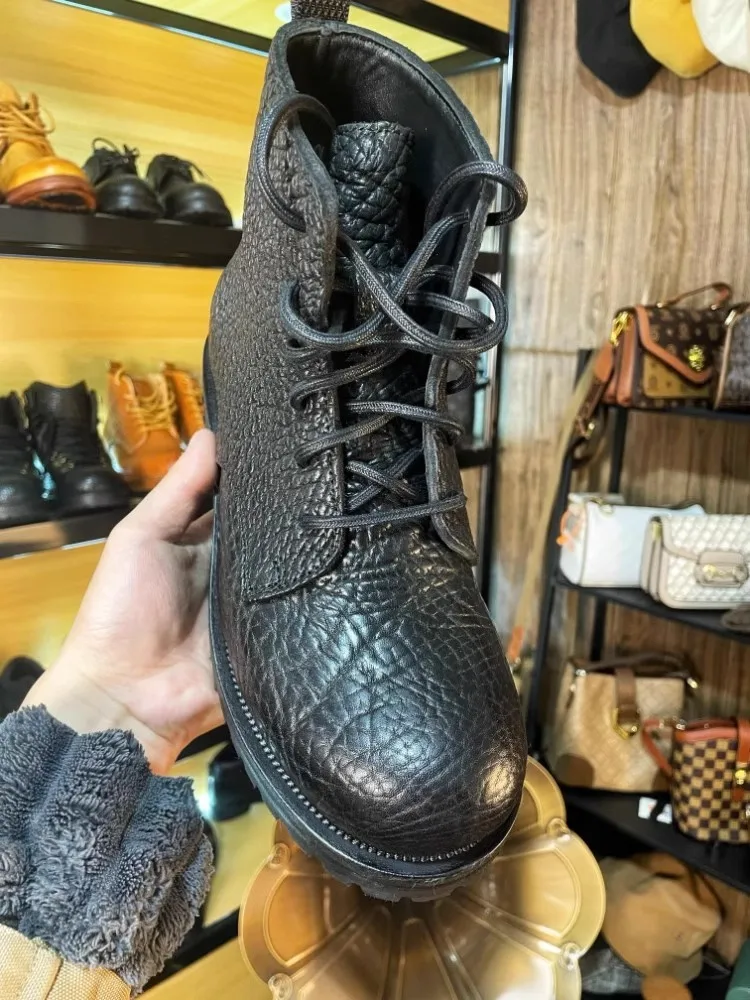 اليدوية الرجال عالية الجودة بوط من الجلد الطبيعي الدانتيل يصل جولة تو البضائع العمل عالية أعلى أحذية الذكور Vintage دراجة نارية أحذية بوت قصيرة #4