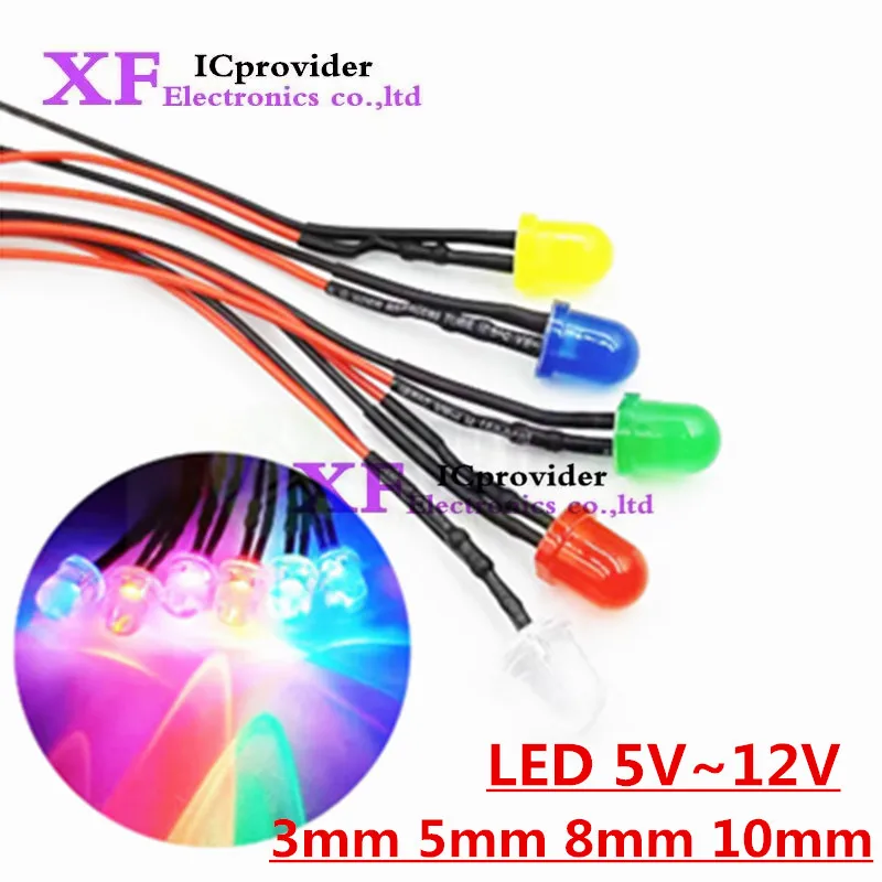 3mm 5mm 8mm 10mm LED 12V 20cm Pre-wired White Red Green Blue Yellow Orange Diode Lamp Decoration Light Emitting Diodes