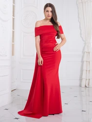 White Off Shoulder Stretch Evening Night Party Dress Side Trains Floor Length Slash Neck Fromal Party Gown Red Black