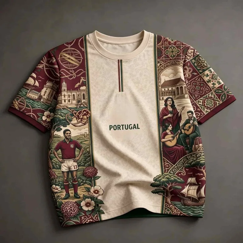 2026 New Portugal-Themed Jersey, São Jorge Castle Print Short-Sleeve Loose Fit Casual Sports Top, Unisex T-Shirt Family Matching