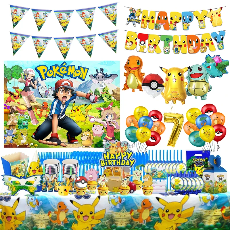 Pikachu Birthday Party Decorations Pokemon Foil Balloon Disposable Tableware Banner Background Tablecloth Kid Boy Party Supplies