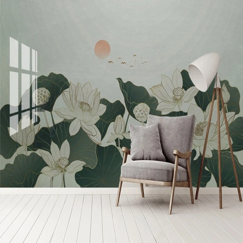 New Chinese Style Wallpaper Custom Photo Mural Abstract Lines Landscape Lotus Flower TV Sofa Background Wall Papers Papier Peint