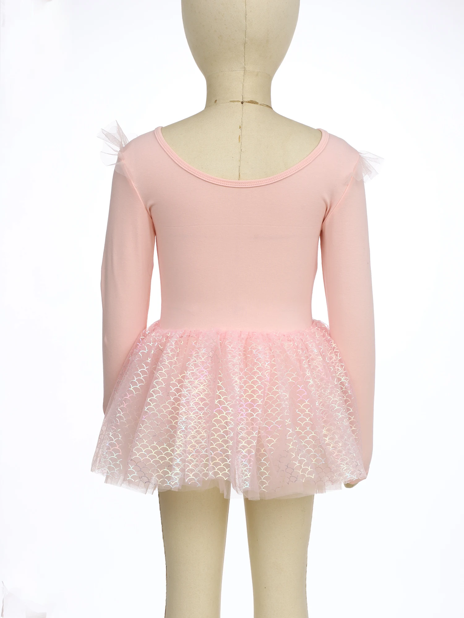 キッズガールズバレエダンス体操スケートドレス長袖光沢のあるスパンコールシアーメッシュ魚鱗チュールチュチュレオタードダンスウェア