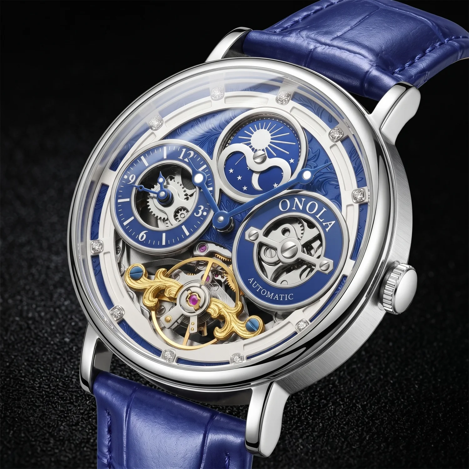 ONOLA Men's Round Hollow Mechanical Watch With Moon Phase Open Gear Night Light Classic Business Watch For Men To Wear Now