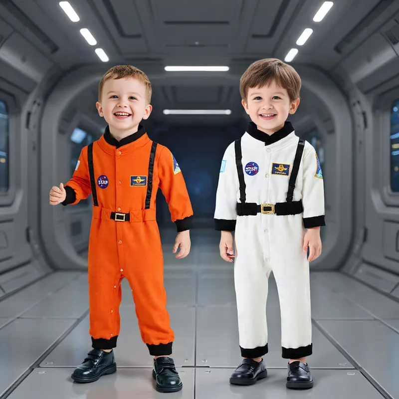 زي رائد فضاء لطيف للأطفال من عمر 3 إلى 12 سنة بدلة فضائية قطنية دافئة مع تصميم أزرار مطرزة لأداء التنكرية