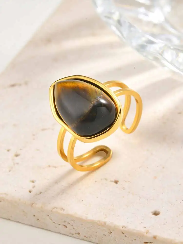 

Tiger Eye Ring Geometric Natural Stone Stainless Steel Adjustable Open Double Layer Ring Women
