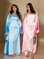 Mode Gradiënt Kleur Vleermuis Mouw Moslim Jurk Dubai Full Length Zijdeachtig Glanzend Abaya Dubai Kalkoen Moslim Islam Robe Wy2022