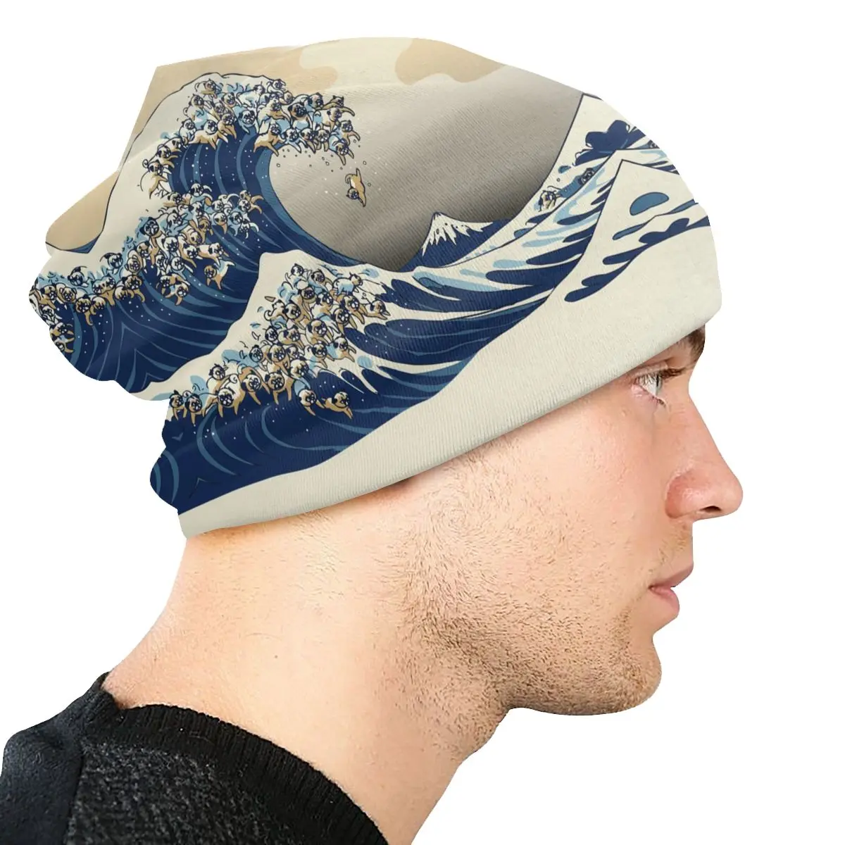 Custom Great Wave Off Kanagawa Pugs Beanies Caps For Hip Hop Winter Warm Knitting Hat Adult Katsushika Hokusai Bonnet Hat