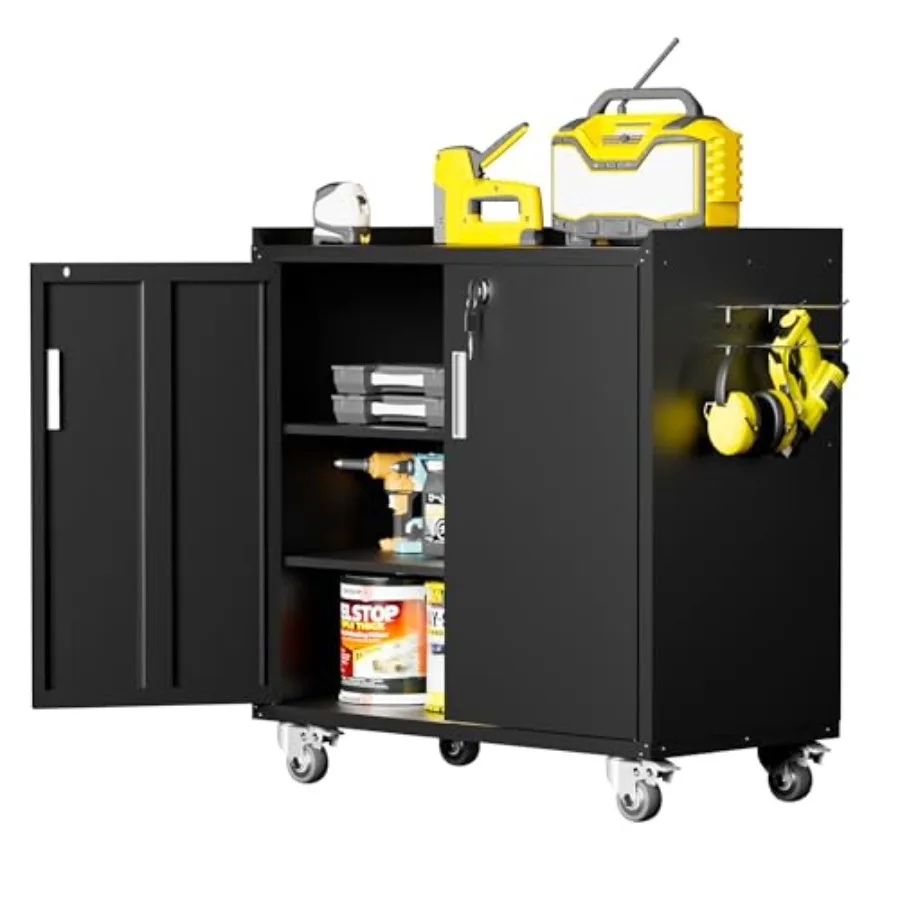 

Metal Storage Cabinet with Wheels - Lockable Rolling Tool Cabinet for Home Office Garage Workshop - Black