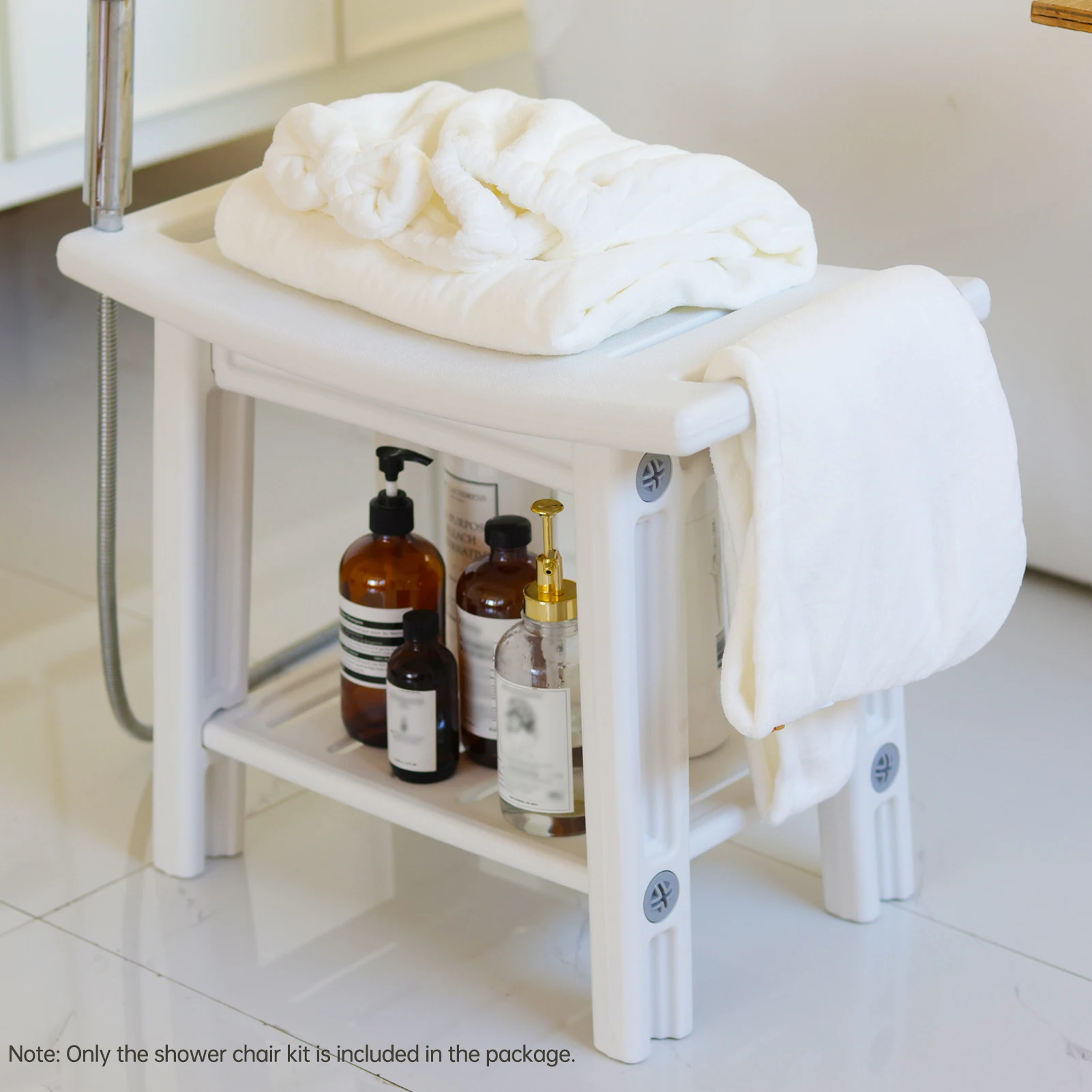 Shower Benches Durable Shower Chair 2-tier Storage Spaces and Dual Handles Waterproof Stool with Non-slip Pads