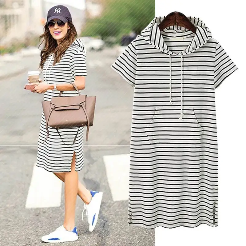   Casual Faion Ladies irt Dr Street Sle Vita ampia ort Sve Con cappuccio H-ape Stampa a righe Dr da donna