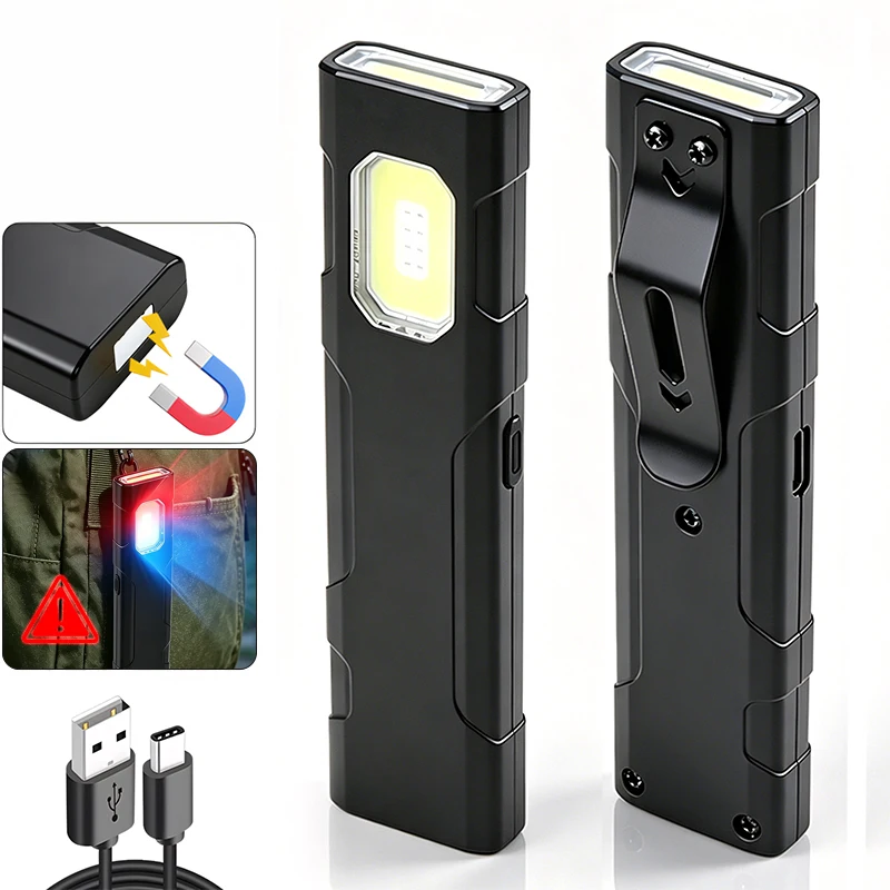 Flat EDC Pocket Flashlight Type‑C Rechargeable Hot Sale COB Torch Equipped with Magnet and Pen Clip for Daily Outdoor Emergency