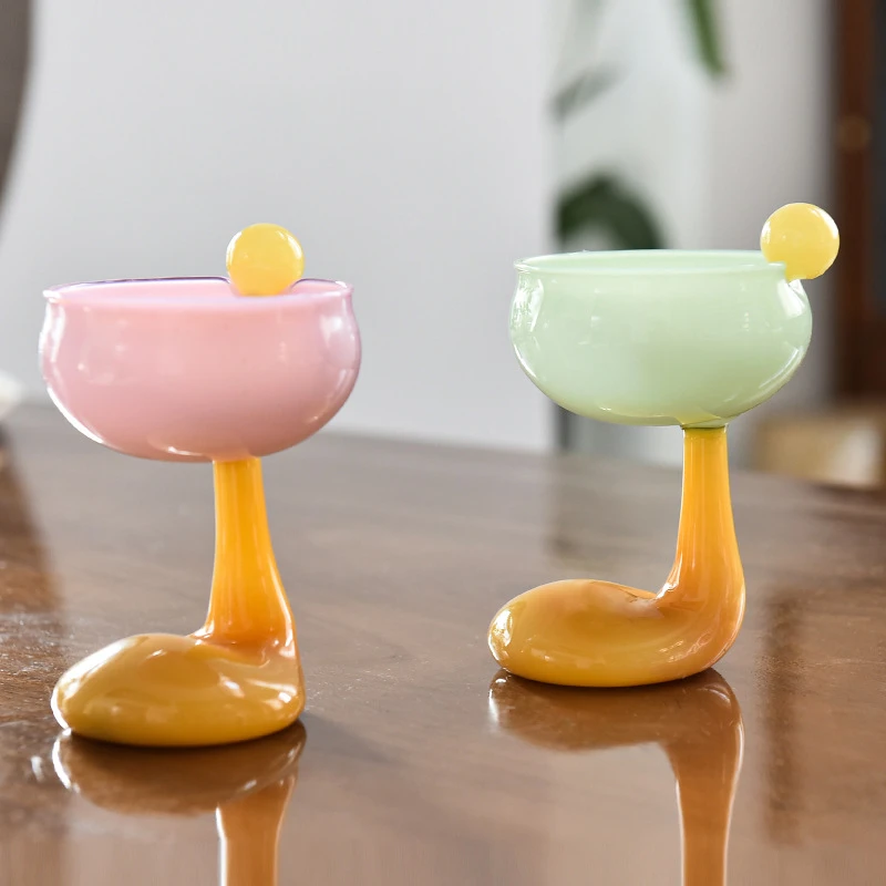 Round Bowl Goblet Dessert Glass Mug S-shaped Cup Stem Ice Cream Bowl Cup Milkshake Dessert Cup Colored Borosilicate Glass