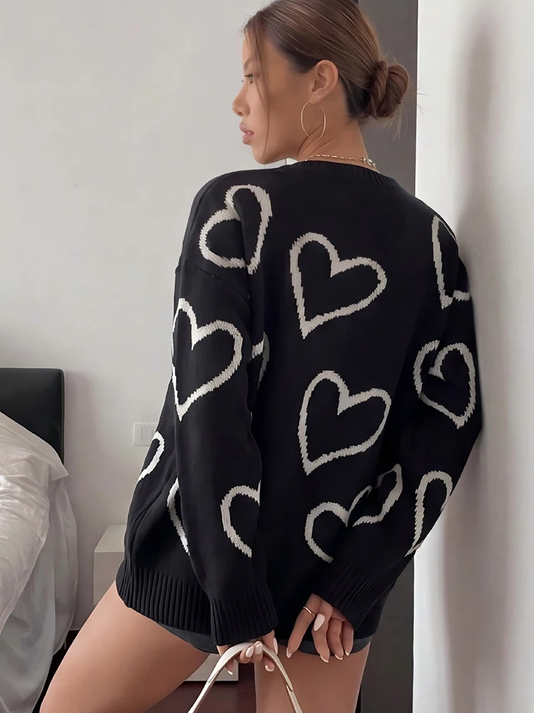 Love Print Sweet Sweater Women Vintage American Streetwear Loose Knitted Jumpers Fall Winter Harajuku Long Sleeve O Neck Tops