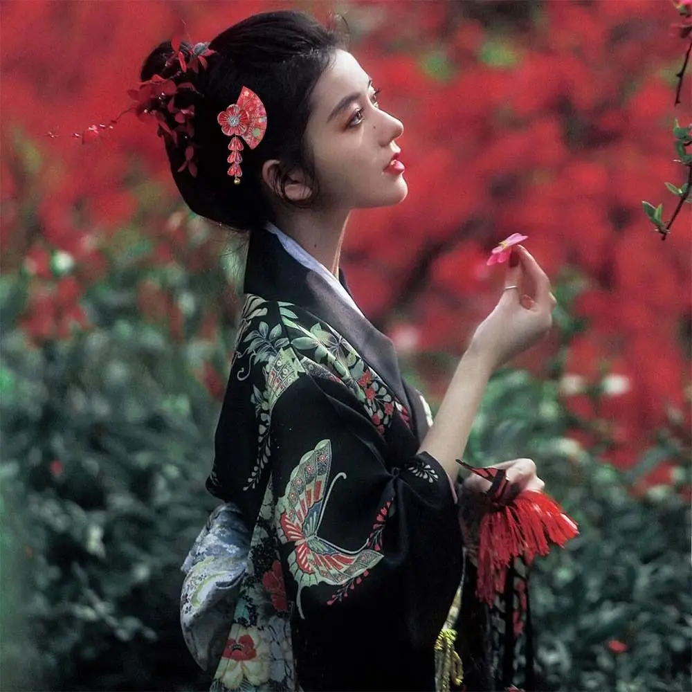 Lonceng Sederhana Kimono Sakura Jepit Rambut Bunga Sakura Rumbai Kipas Rambut Klip Kain Gadis Aksesori Rambut Foto Pro