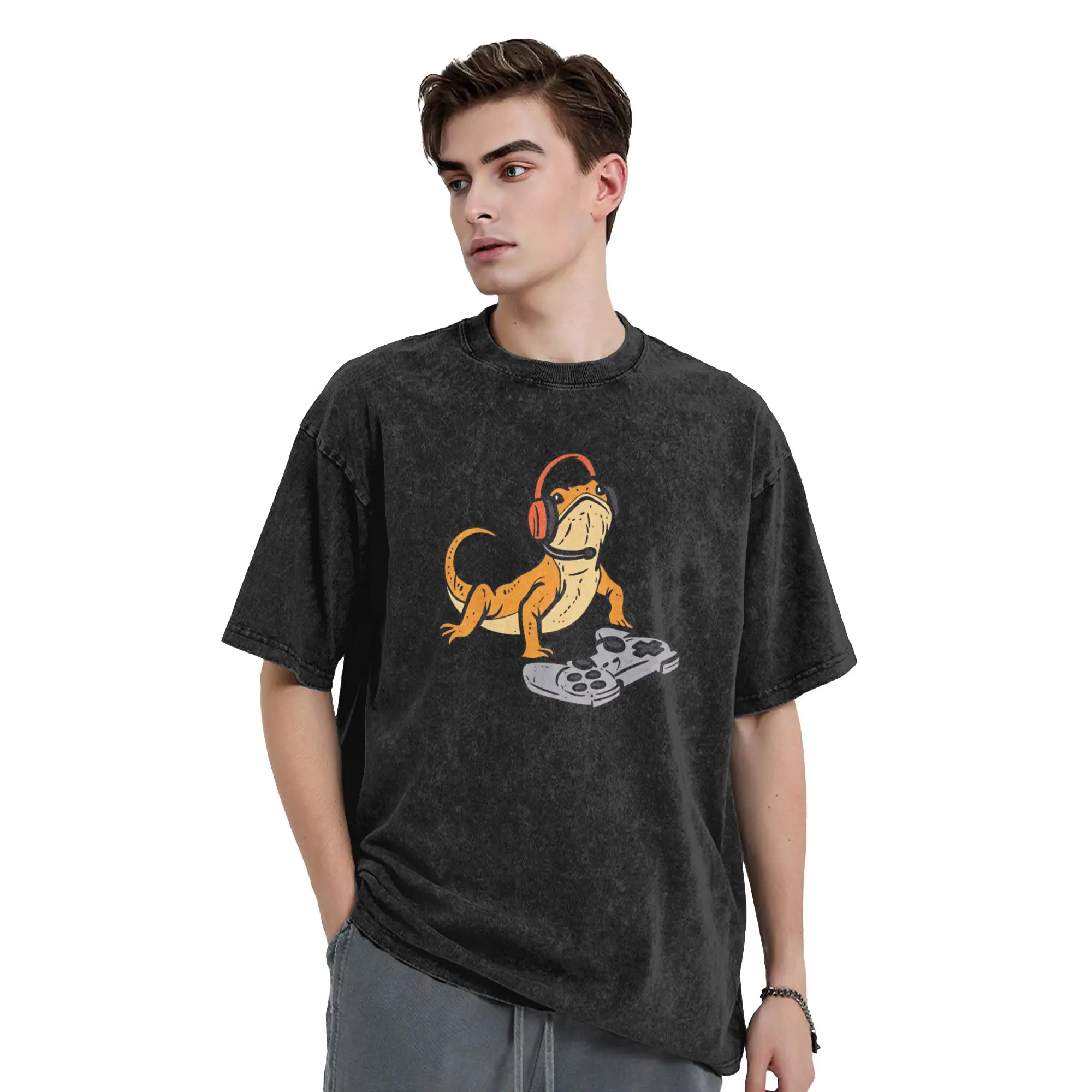 Men's T Shirt Bearded Dragon Video Gaming Funny Gamer Animal Washed T-Shirts Trendy Cool  Summer  Tops Plus Size 2XL