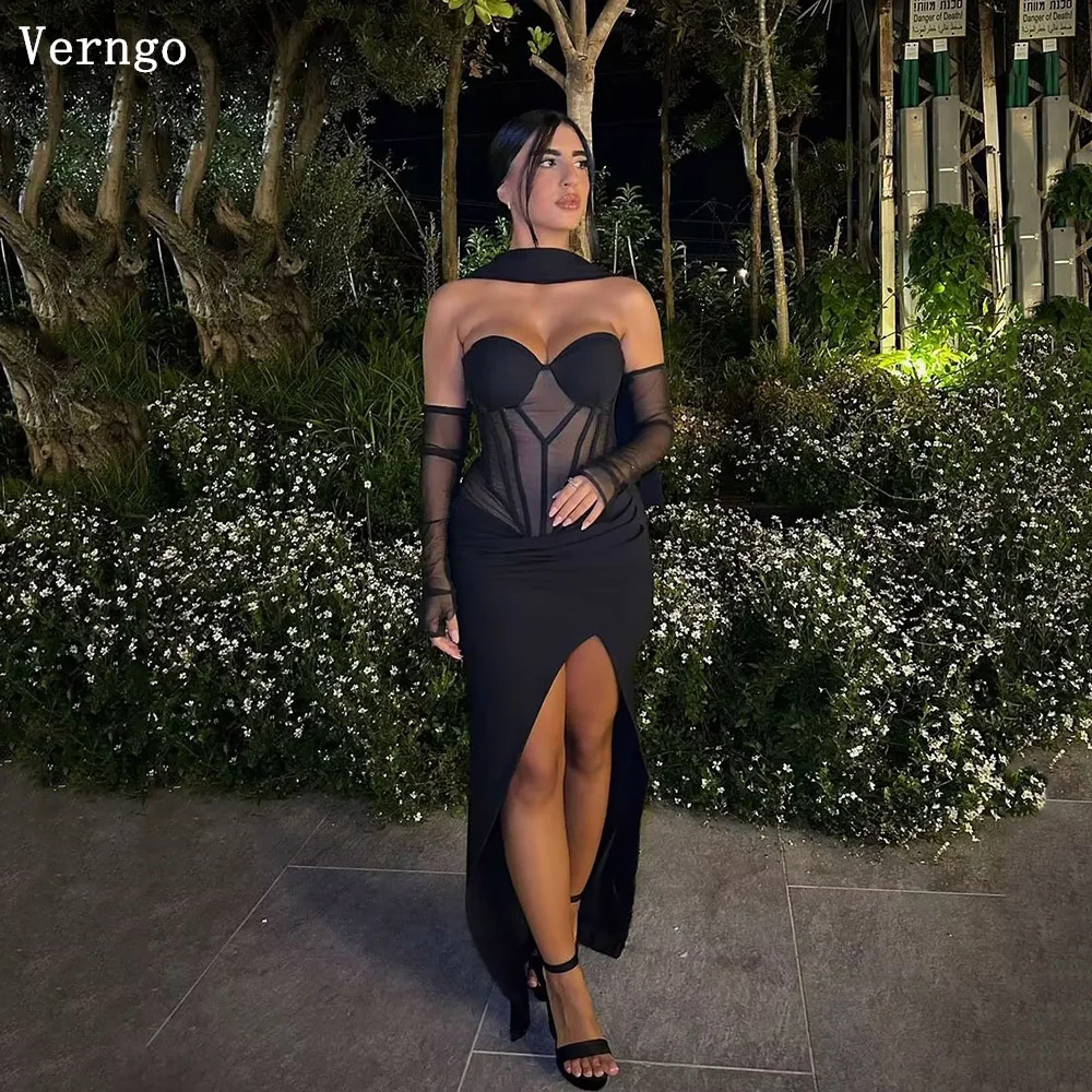 

Verngo Black Crepe Prom Gown Sweetheart Mermaid Side Slit Evening Dress Women See-Through Prom Party Dress 2024