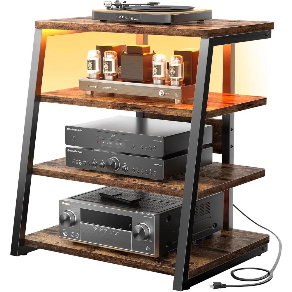 4-Tier AV Media Stand with Power Strips, Corner TV Stand with LED Lights, Rack Audio Tower with Adjustable Shelves