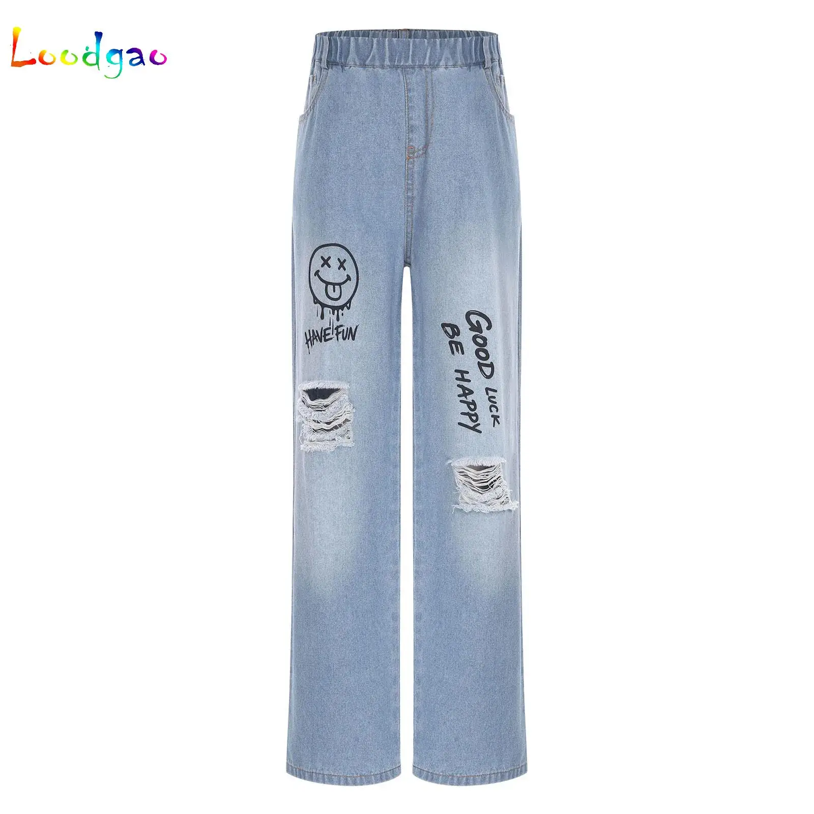 

New Fashion Summer Pocket Black Kids Ripped Jeans Elastic Waist 6-16 Years Old Boys Girls Denim Trousers Cute Children Pants