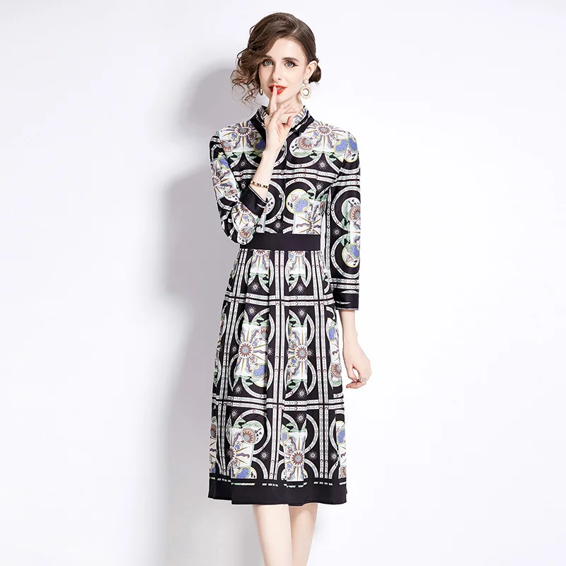 

Autumn Fashion Geometry Print Shirt Dress Women's Runway Turn Down Neck Long Sleeve Vintage Pleated Midi Party Vestidos