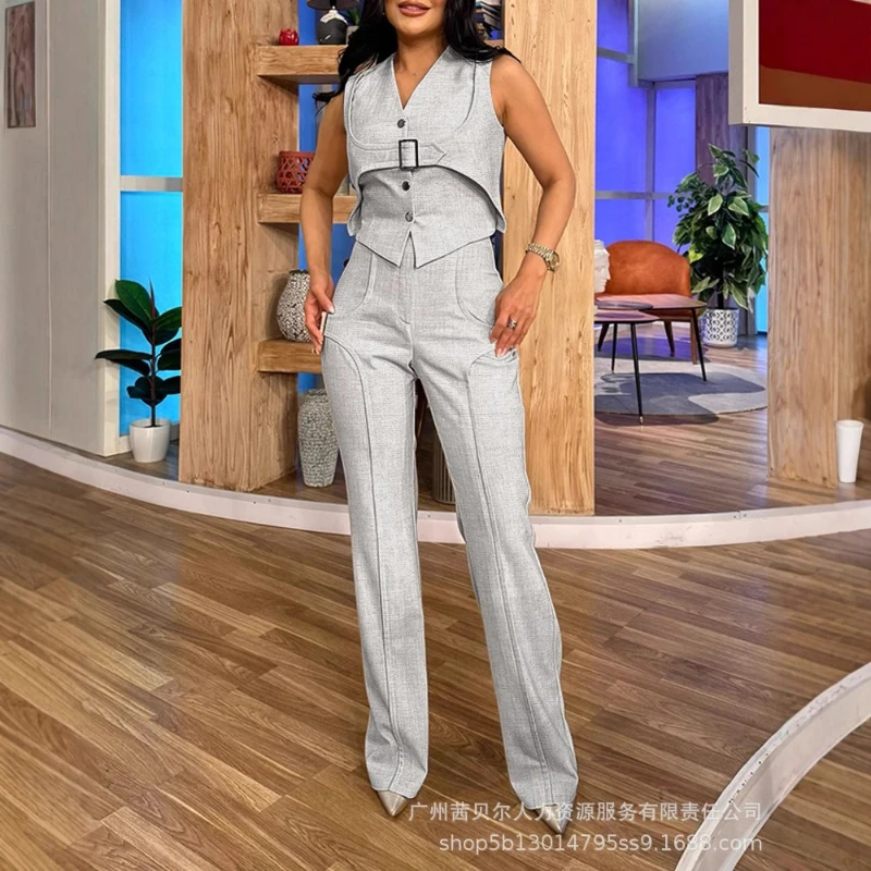 

Женский комплект брюк из двух предметов, жилеты без рукавов с v-образным вырезом, топы, широкие длинные брюки, высокая талия, Y2k, уличная одежда, облегающий крой, работа 2025