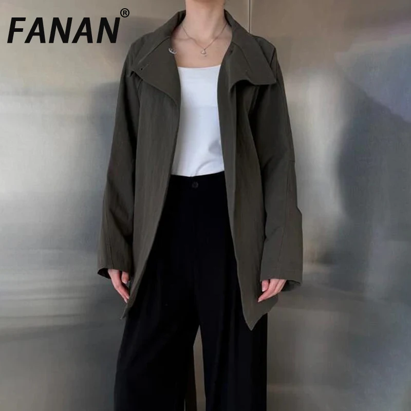 

FANAN Elegant Stand Neck Trench For Women Belt Gathered Waist Windbreaker Office Lady Temperament Jackets 2025 Autumn New