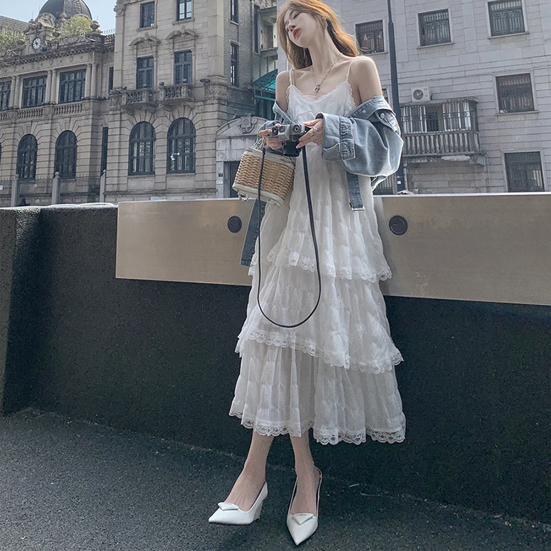 Vestido largo sexi de verano para mujer, vestido Vintage informal con volantes y tirantes Maxi, vestido veraniego para la playa, Vestidos de fiesta de encaje liso elegante