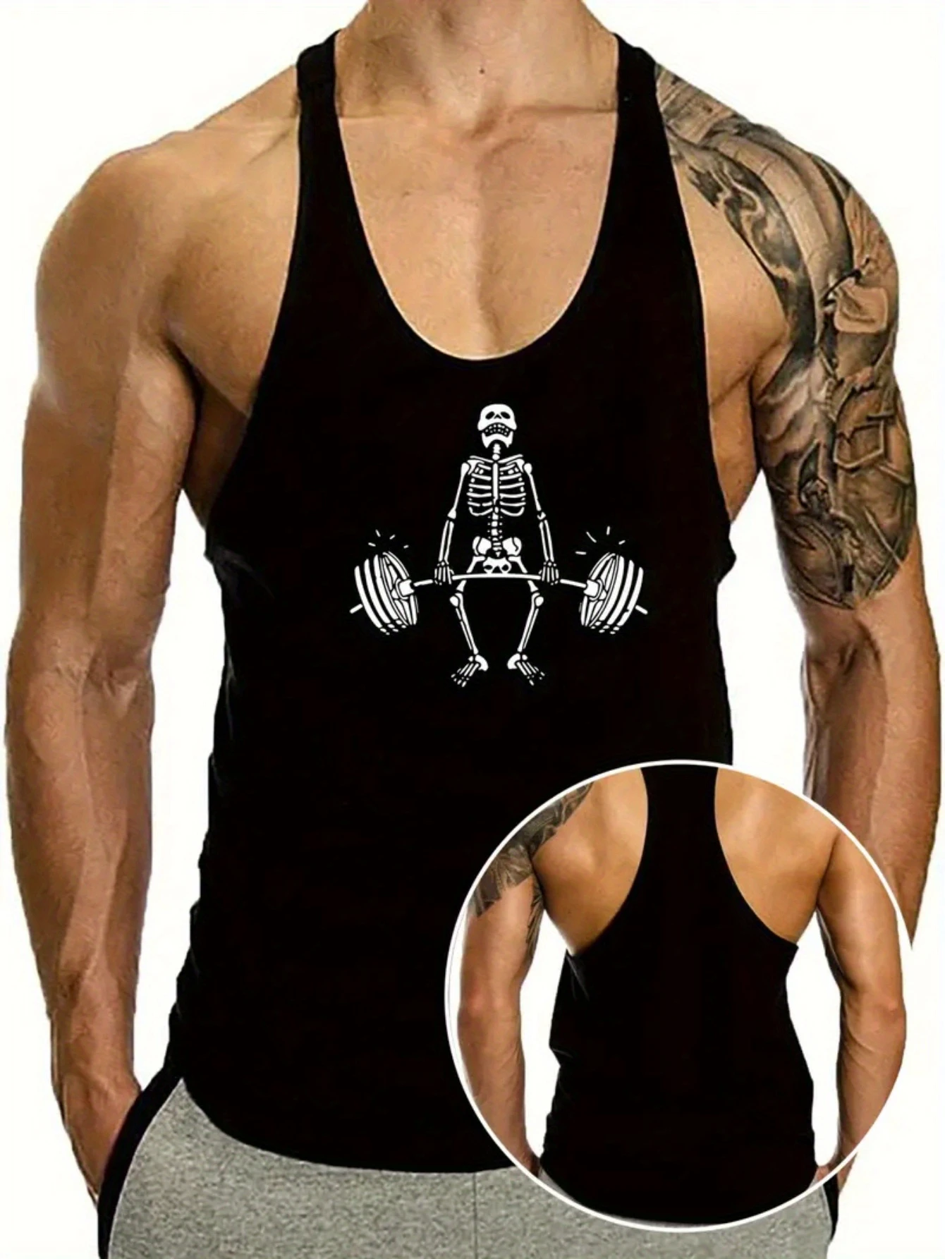 Mens Fitness Skeleton Lifting Tank Top Breathable Weightlifting Graphic Sleeveless Vest Loose Gym Training Muscle Tank For Men
