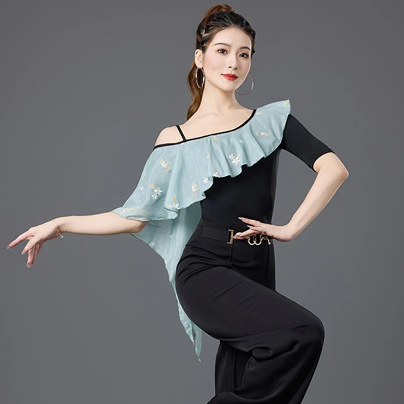 Latin dansjurk Topshirt Oefenjurk Nieuwe moderne dansjurk voor dames Vriendschapsdans Enkele schouder Mouw uit één stuk